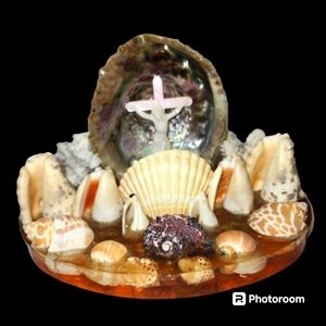 Vintage Shell TV Lamp Lucite Cross Crucifix Abalone Religious Night Mid Century